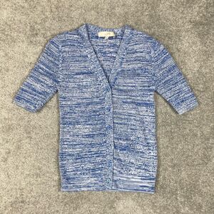 LOFT Women’s XS Short Sleeve Blue White Knit Button Down Cardigan Sweater NWT
